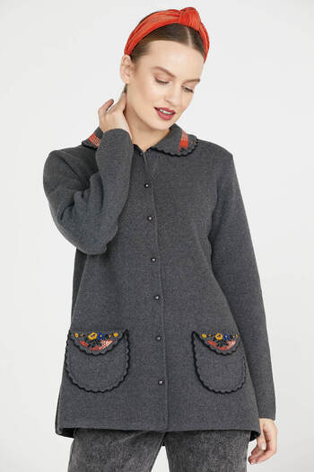 Sementa Baby Collar Embroidered Women's Knitwear Jacket - Dark Gray