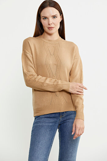 Sementa Camel Crew Neck Motif Knitwear Sweater
