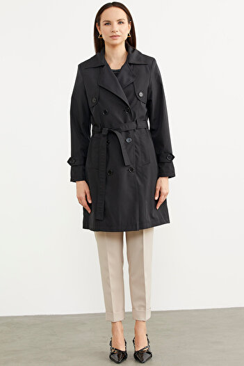 Sementa Large Size Shawl Collar Trench Coat - Black
