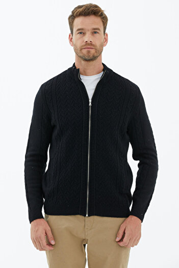 Sementa Black Knitwear Cardigan - Stand Collar and Zipper Detail