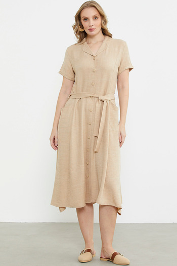 Sementa Linen Look Pocket Shirt Dress - Beige