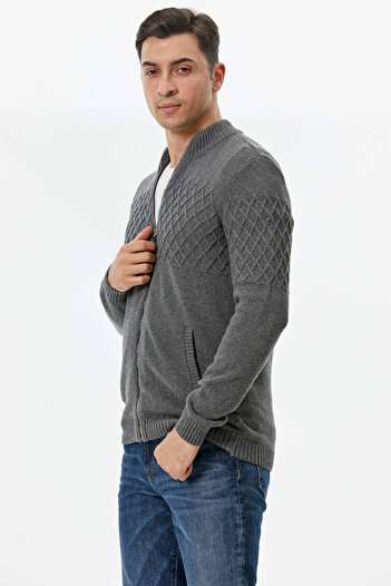 Sementa Stand Collar Zippered Pocket Knitwear Cardigan - Dark Gray
