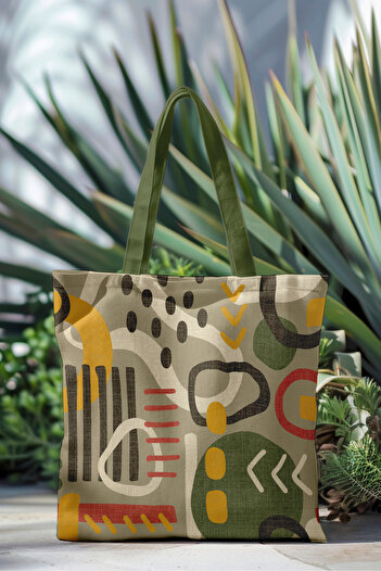 AYSHOME Ays Home Khaki Abstract Patterned Printed Zippered Cloth Beach Shopping Bag