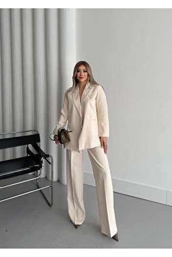 HOEK Kadın Krem Düğme Detay Blazer Ceket Pantolon Takım Elbise