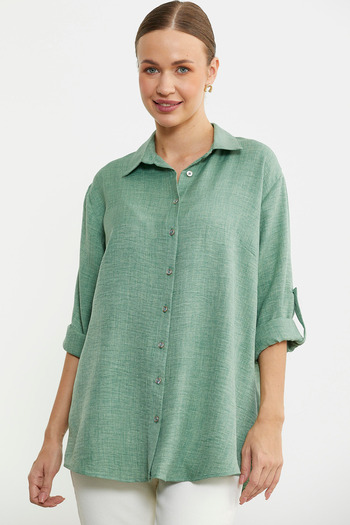 Sementa Large Size Linen Look Shirt - Green
