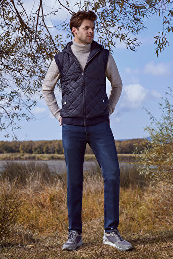 Sementa Quilted Hooded Zippered Knitwear Vest - Navy Blue