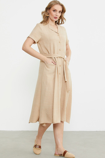 Sementa Linen Look Pocket Shirt Dress - Beige