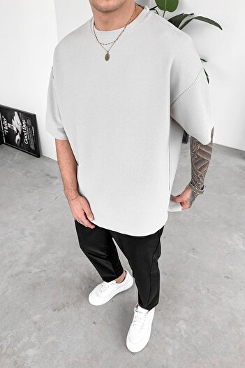 HAFKAGİYİM Stone Woven Slit Detail Oversize T-Shirt