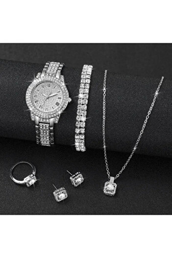 Monarque Gümüş Kaplama Elegant Roman Dial Kuvars Takı Seti - Kolye, Küpe, Bileklik, Yüzük ve Saat