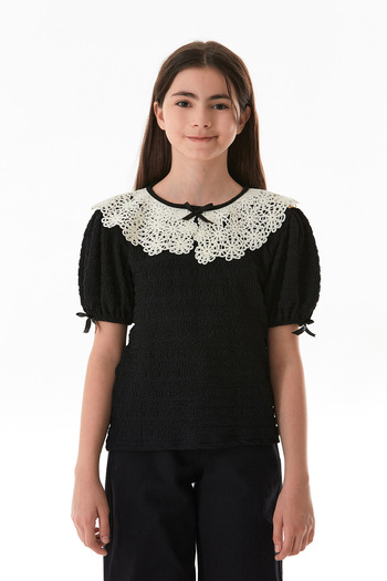 Fulla Moda Girl's Blouse with Bow and Lace Detail