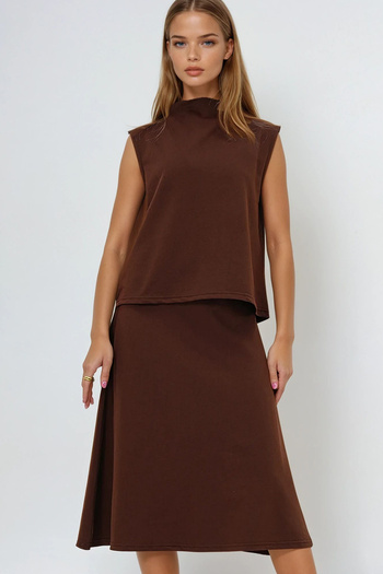 VAGGON Women's Brown Stand Collar Sleeveless Blouse Skirt Suit Prmx13485