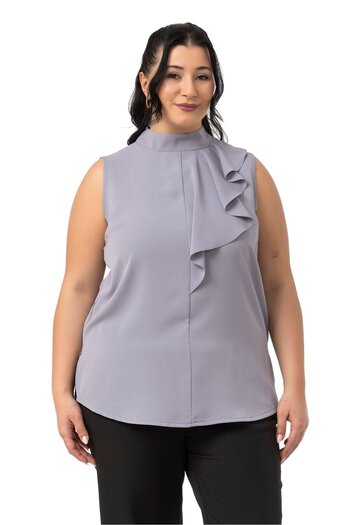 DISENTIS MODEST Large Size Half Standing Collar Asymmetrical Flounces Sleeveless Gray Blouse