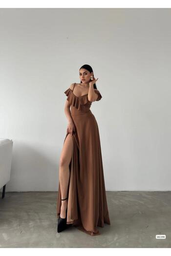 Modafeminen Strappy Shoulder Ruffle Slit Evening Dress 582190 Brown