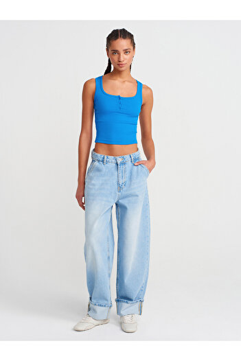 Dilvin 71806 Pantaloni cu balon din denim cu picior - Albastru
