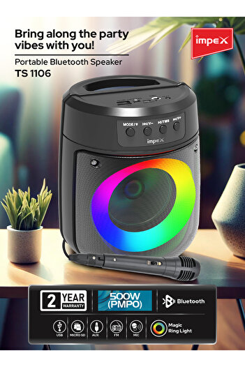 İMPEX Portable Bluetooth Speaker - Ts 1106, 500wpmpo, 4" Wireless Speaker Magic Ring Light, 1200mahbattery