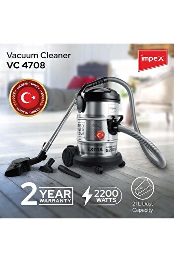 İMPEX Impex Powerpro Vacuum Cleaner, 2200w, 21l - Vc 4708, Low Noise Metal Body, Accessories, Black/silver