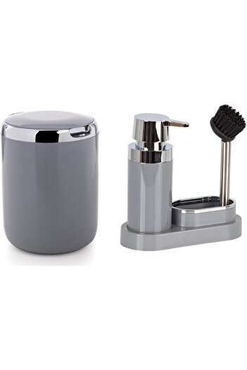 Ansan Gray Pollen Kitchen Set - 300ml Liquid Soap Dispenser, Plastic Brush (20X8,5X19,5Cm), with Sponge Bowl) 1 Piece