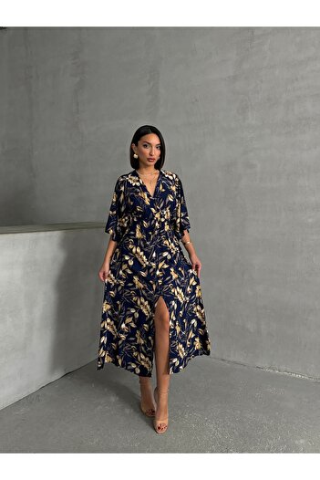 BEJNA Women's Double Breasted Neck Slit Long Summer Dress