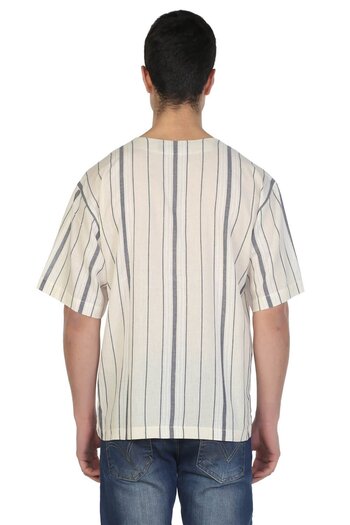 Eliş Şile Bezi Large Size Short Sleeve Sile Cloth Crew Neck Men's Summer Tshirt Ecru Gray Striped 3028