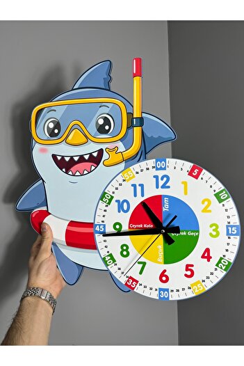 karbonsoft Cute Diver Shark Montessori Kids Room Educational Wooden Wall Clock - Silent Mechanism