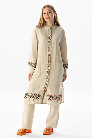 Eliş Şile Bezi Long Sleeve Belma Linen Embroidered Buttoned Summer Authentic Tunic Cream Cream