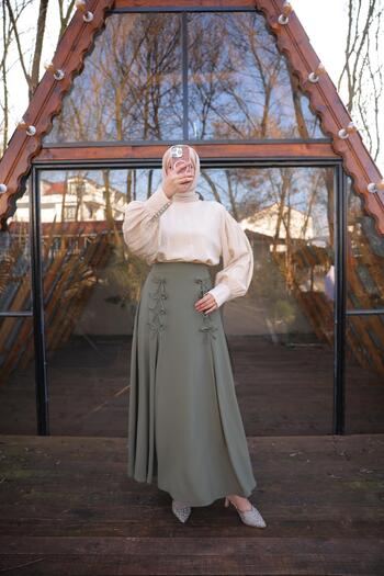Nissra Ankanoor Light Khaki Bow Linen Skirt Anka 257554