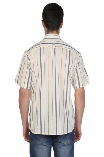 Eliş Şile Bezi Short Sleeve Sile Cloth Single Pocket Men's Summer Shirt Ecru Gray Striped 3028