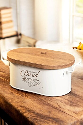Doremcy White Metal Bread Holder - with Wooden Lid and Wire Handles