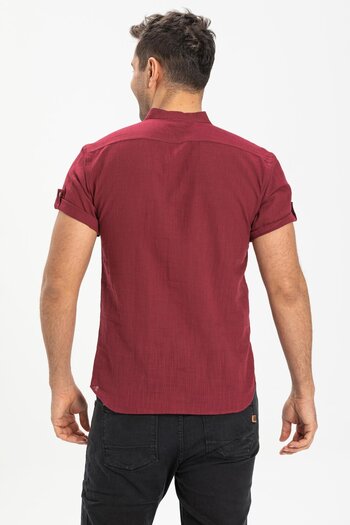 Eliş Şile Bezi Short Sleeve Şile Cloth Bodrum Men's Shirt Dark Claret Red 3068