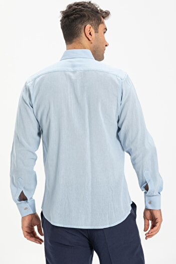 Eliş Şile Bezi Long Sleeve Narrow Fit Şile Cloth Single Pocket Men's Summer Shirt Ice Blue 3027