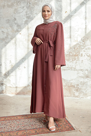 VAVİNOR Lena Embroidered Detailed Abaya - Dried Rose