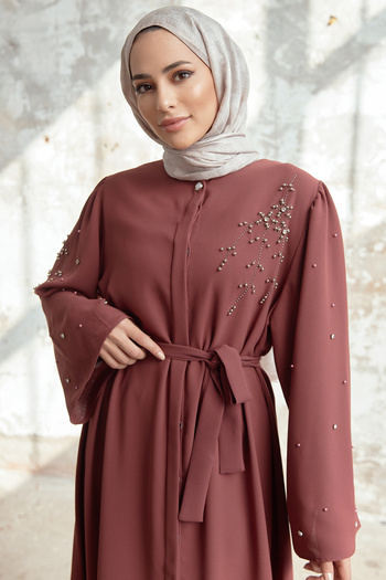 VAVİNOR Lena Embroidered Detailed Abaya - Dried Rose