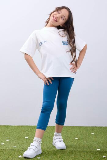 Perendi Girls Ecru T-Shirt and Petrol Blue Leggings Set - Soft and Comfortable Summer Set