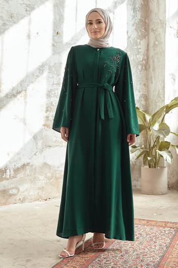 VAVİNOR Lena Embroidered Detailed Abaya - Emerald