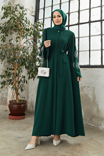 VAVİNOR Liva Stone Abaya with Arms - Emerald
