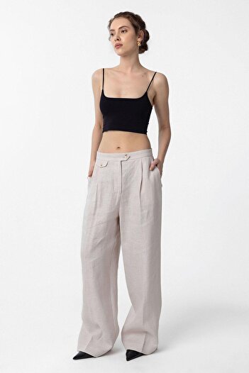 Antioch Beige 100% Linen High Waist Pleated Women's Trousers