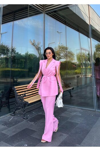 buqre's moda Set de pantaloni cu vestă și blazer cu curea dublă