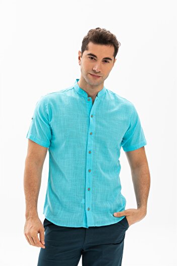 Eliş Şile Bezi Short Sleeve Slub Cotton Bodrum Summer Men's Shirt Light Turquoise 3075