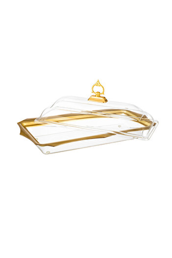 Dania Rectangular acrylic serving plate with a golden cover for pastries, sweets, and all buffets, size 50*27 cm