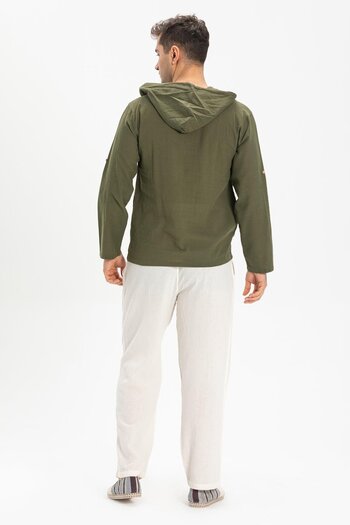 Eliş Şile Bezi Şile Cloth Double Pocket Hooded Men's Sweatshirt Khaki Hk