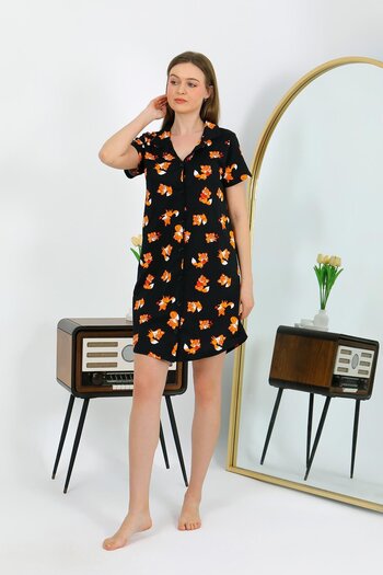 Akbeniz Women's Cotton Combed Cotton Short Sleeve Buttoned Black Tunic Nightgown 13111