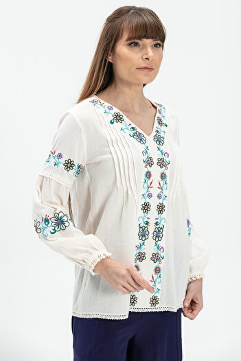 Eliş Şile Bezi Μακρυμάνικο ύφασμα Şile - Ayşe Summer Blouse - Cream Krm