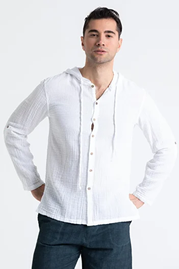 Eliş Şile Bezi Long Sleeve Men's Hooded Summer Muslin Sweatshirt White Byz