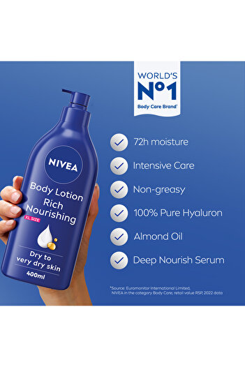 NIVEA Nourishing Body Lotion, Almond Oil & Vitamin E, Extra Dry Skin, 400ml, Pack of 2