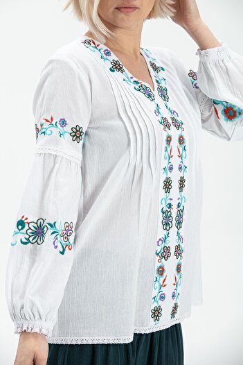 Eliş Şile Bezi Long Sleeve Şile Cloth - Ayşe White Summer Blouse