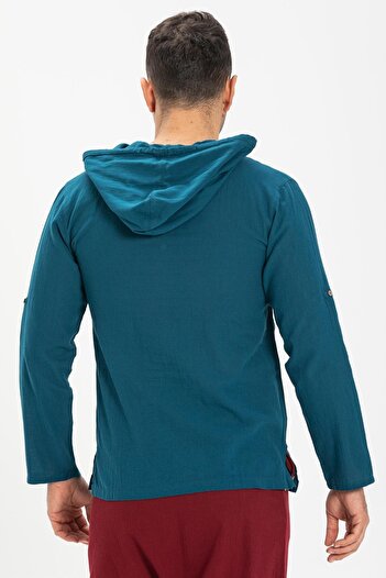 Eliş Şile Bezi Şile Cloth Double Pocket Hooded Men's Sweatshirt Petrol Ptrl