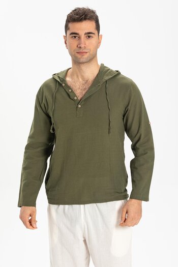 Eliş Şile Bezi Şile Cloth Double Pocket Hooded Men's Sweatshirt Khaki Hk