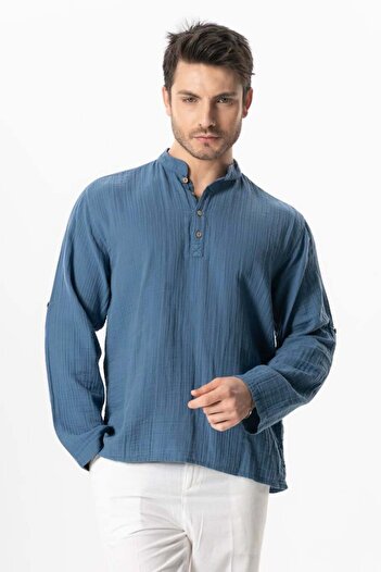 Eliş Şile Bezi Summer Sweatshirt - Long Sleeve High Collar Humanoid Indigo
