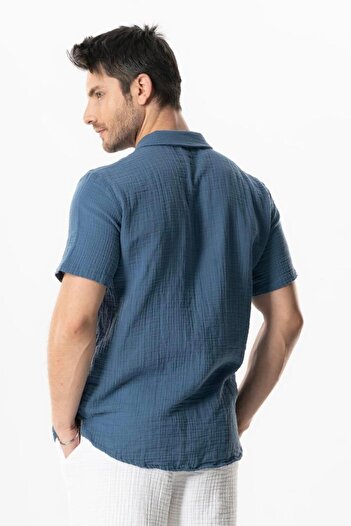 Eliş Şile Bezi Short Sleeve Polo Neck Muslin Summer Tshirt Indigo Indg