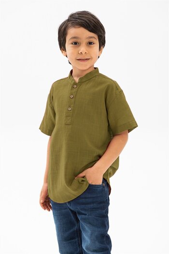 Eliş Şile Bezi Short Sleeve Slub Cotton Bodrum Summer Boy Tshirt Khaki 3049